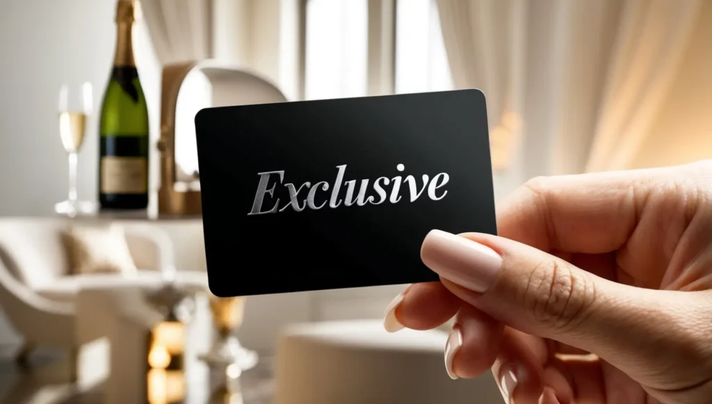 A close-up of a hand holding a membership card with the word 'Exclusive' embossed, set against a blurred background of various perks and benefits.