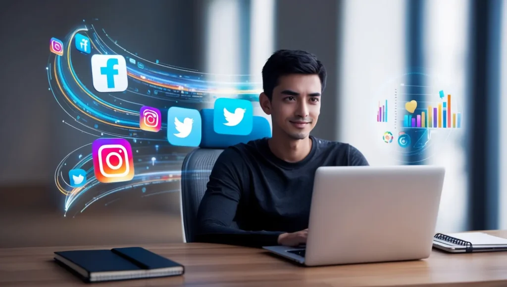 A person using a laptop at a desk, with social media icons and digital graphs emerging from the screen, representing a strong digital presence and online engagement.